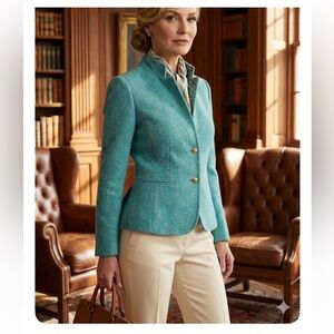 Talbots Petite 16P Teal Wool Blend Tweed Blazer Jacket Peplum Back Stand Collar